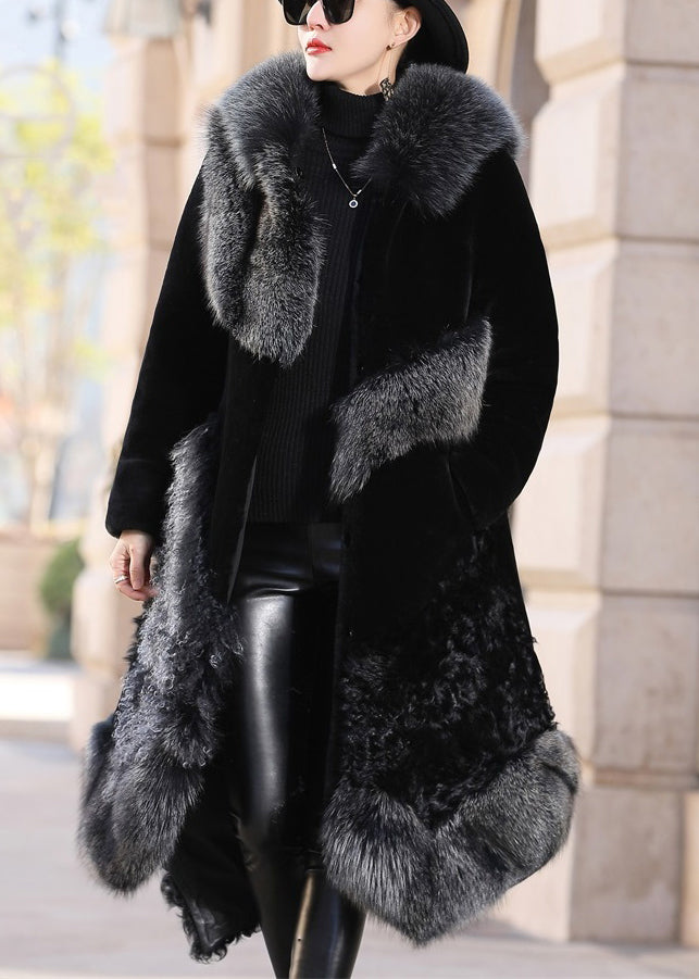 New Black Fox Collar Pockets Patchwork Leather and Fur Coats Winter