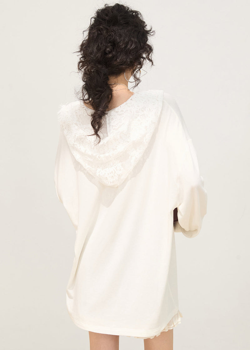White Hooded Patchwork Lace Cotton Pullover Sweatshirt Spring