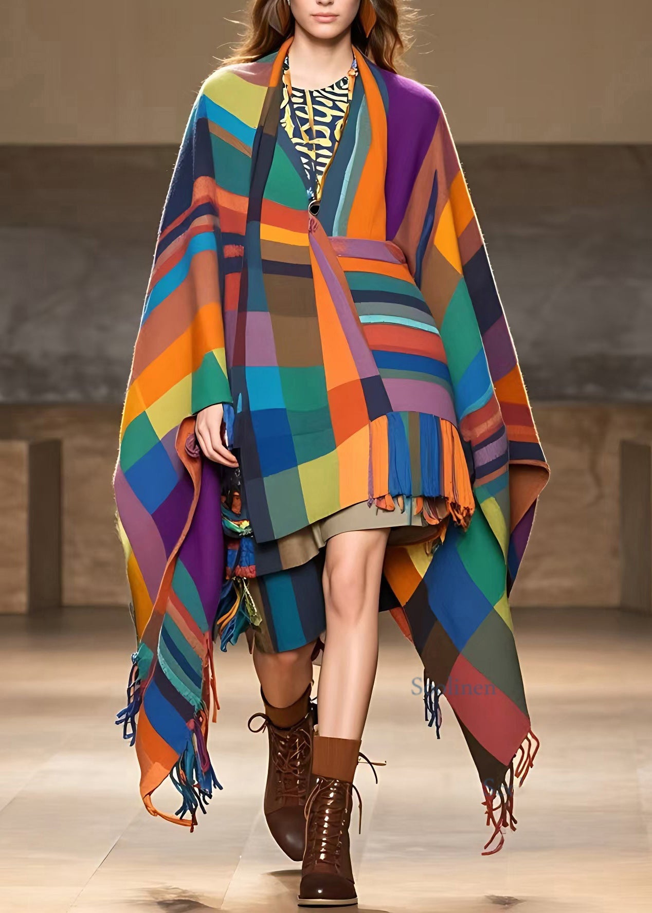 Fitted Rainbow V Neck Tassel Long Coats Fall