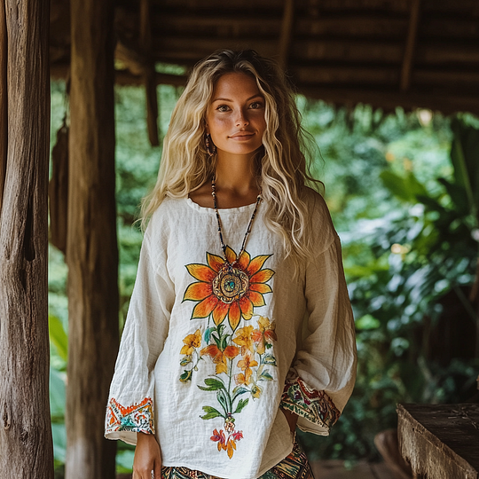 Retro Bohemian Resort Linen Art Embroidery Print Cotton And Linen Blend Loose Blouse artswardrobe