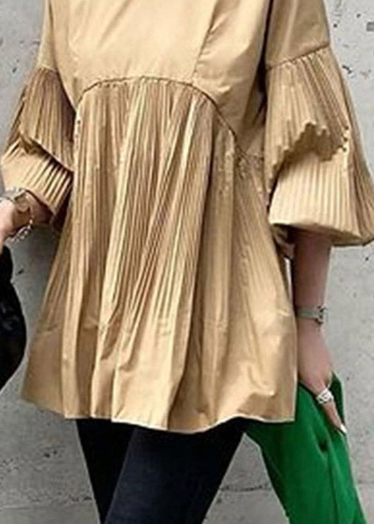 French Khaki O-neck Wrinkled Shirts Flare Sleeve