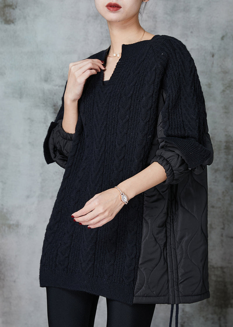 Black Cinched Patchwork Knit Sweatshirts Top Spring