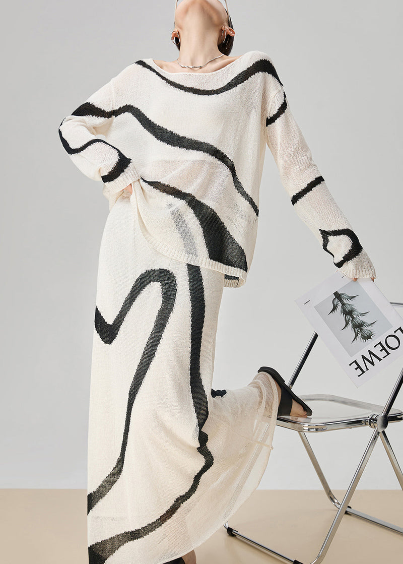 Boutique White Striped Tops and Skirts Knit Two Pieces Set Fall