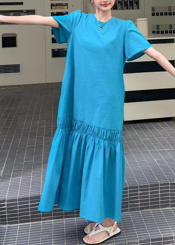 Novelty Blue Ruffled Patchwork Hollow Out Long Dress Summer