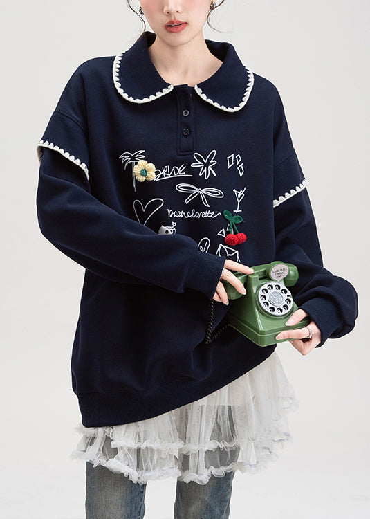 Loose Navy Button Print Cotton Pullover Fall