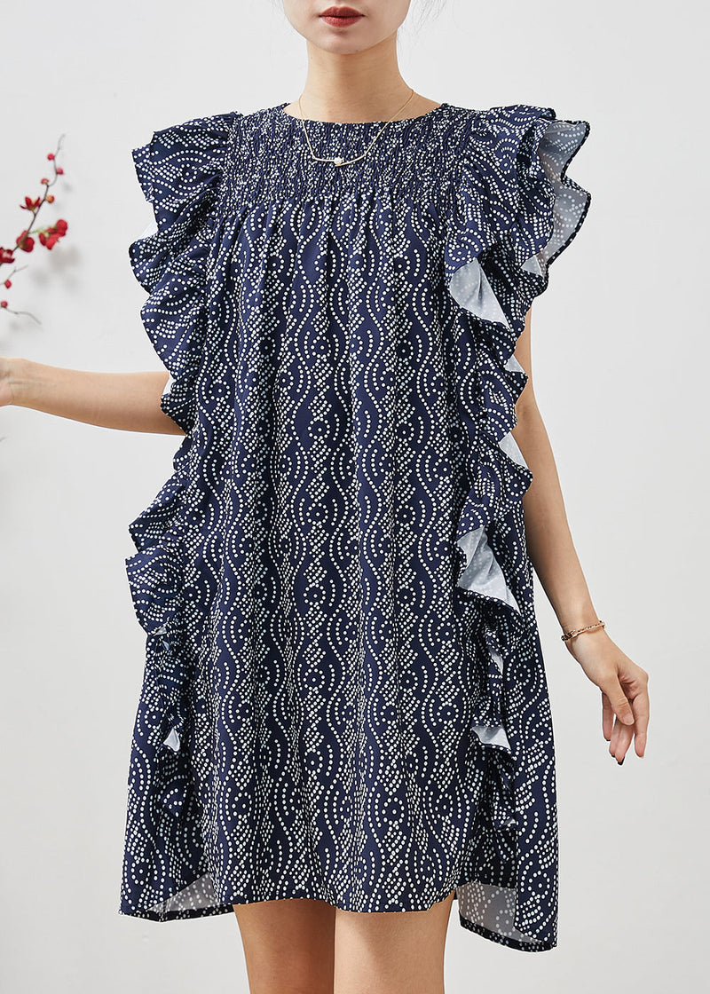 Art Navy Print Ruffles Cotton Mid Dress Summer