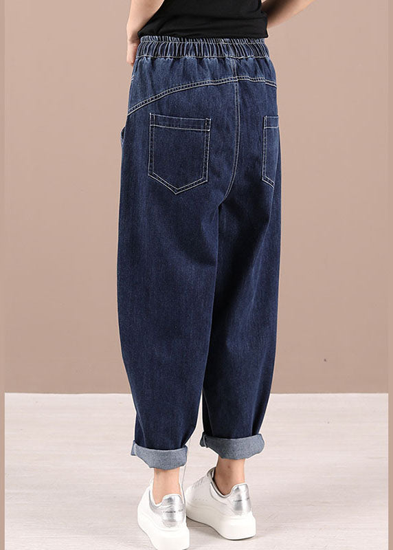 Blue Tie Waist Pockets Fall Patchwork Harem Pants