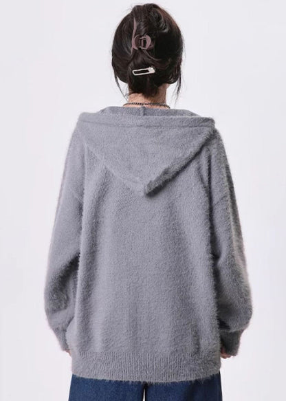 Diy Grey Oversized Letter Print Knit Hoodie Coat Spring