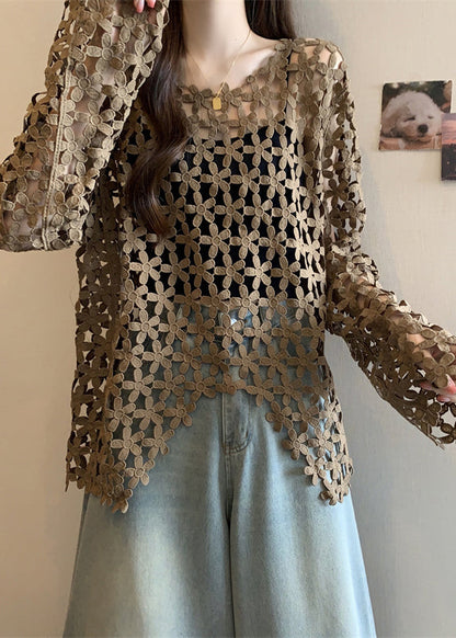 Coffee Lace Upf 50+ Tops Hollow Out Fall