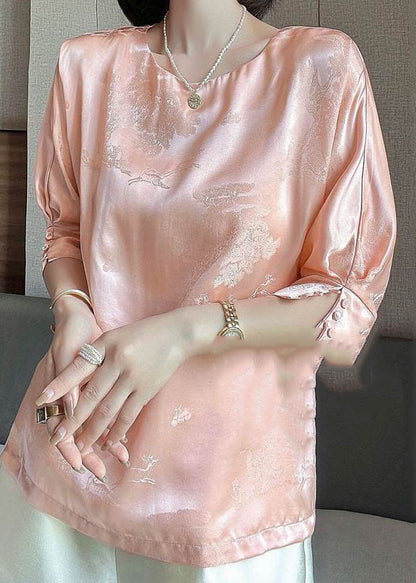 Pink O-neck Jacquard Button Silk Blouse Tops Half Sleeve