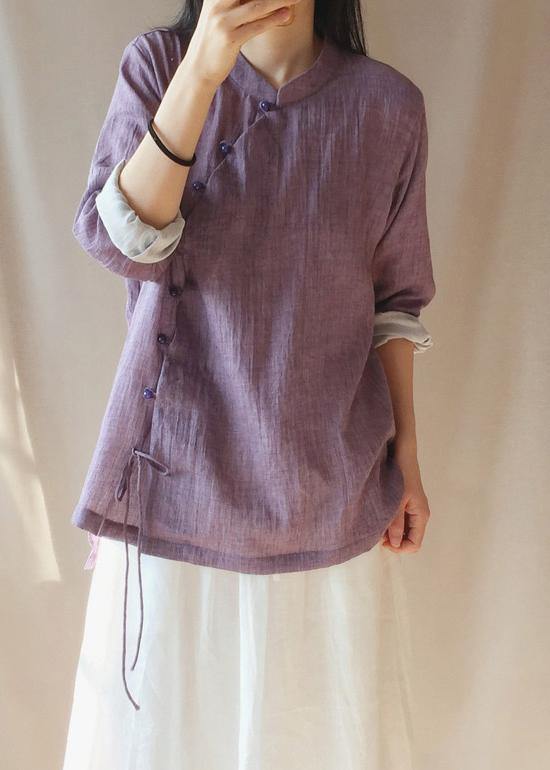 French Purple Tops Blouses Stand Collar Button Down Clothing Blouse