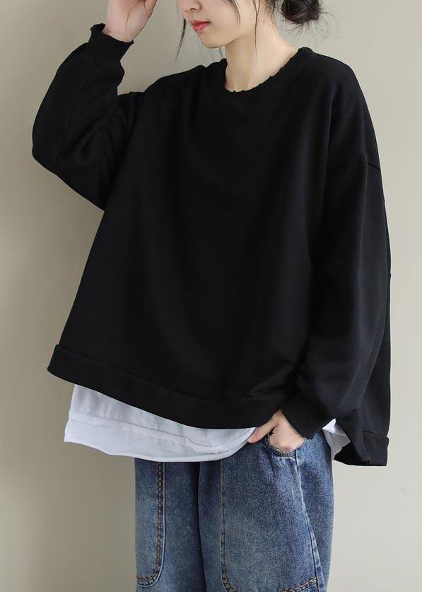 Unique Black Tunic Pattern O Neck False Two Pieces Short Spring Blouses