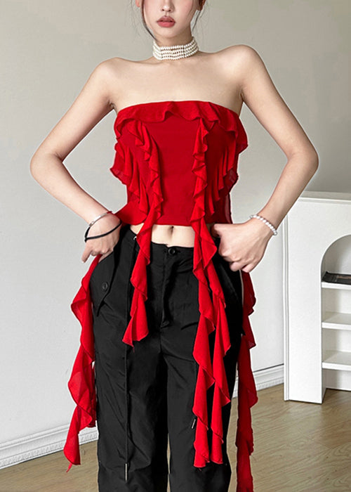 Red Backless Ruffled Cotton Tank Sleeveless
