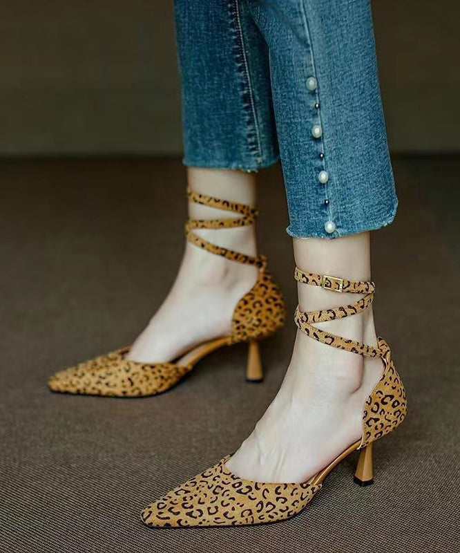 Leopard Lace Up High Heel Suede Sandals