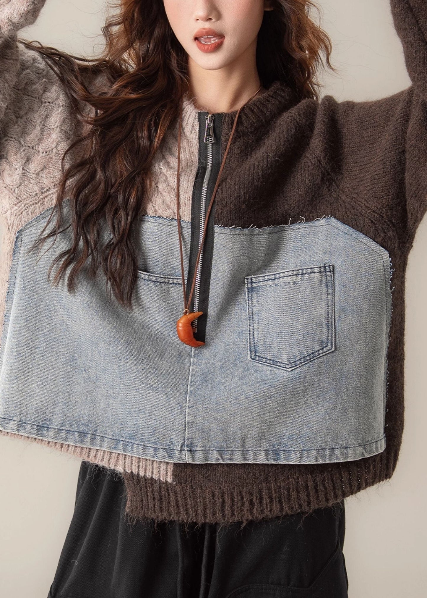Coffee Asymmetrical Zip Up Patchwork Knit Sweater