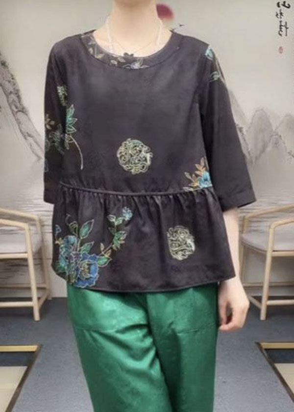 Black O-neck Patchwork Wrinkled Print Silk Wear on Both Sides Top Bracelet Sleeve