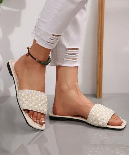 Splicing White Faux Leather Nail Bead Slide Sandals
