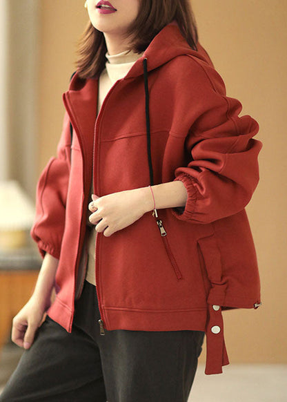 Red Hooded Zippered Pockets Drawstring Fall Jackets Long Sleeve