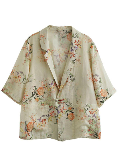 Yellow Peterpan Collar Button Print Fall Shirt Tops Half Sleeve