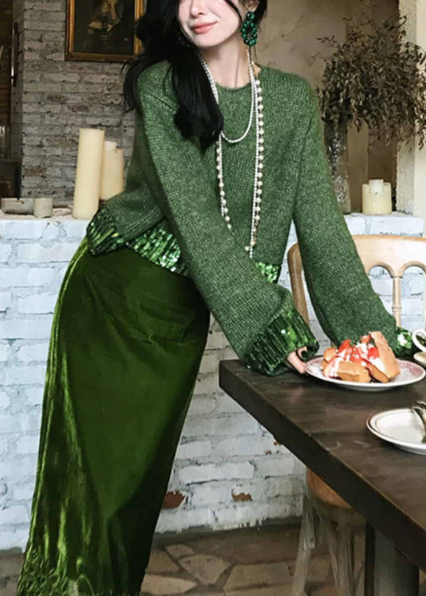 Green Hollow Out Cotton Knit Sweaters and Maxi Skirts Two Piece Set Winter
