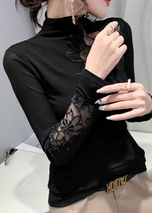Black Stand Collar Tulle Patchwork Tops Spring