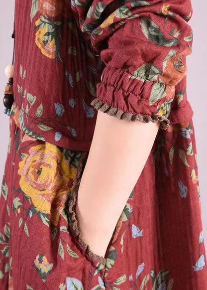 Red Stand Collar Print Patchwork Cotton Long Dresses Fall