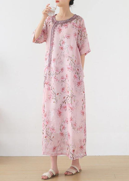 Pink Print Embroidery Oriental Summer Linen Dress