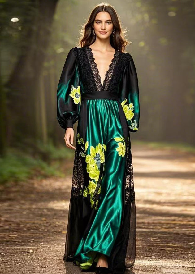 Black Print Pockets Patchwork Silk Long Dresses Spring