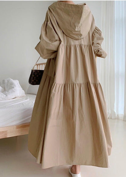 Coffee Hooded Exra Large Hem Cotton Holiday Dress Fall