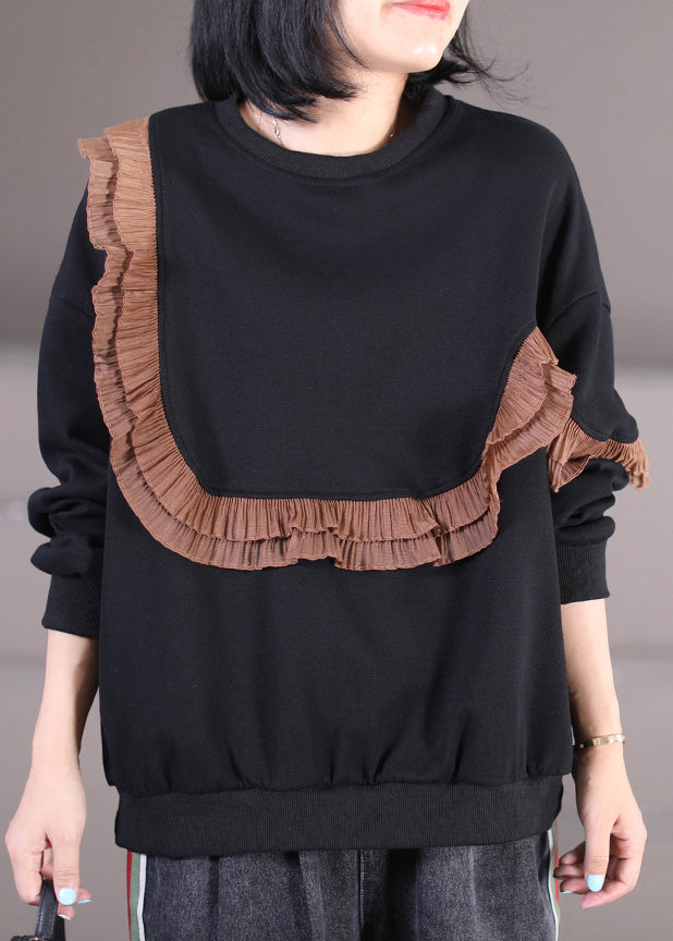 Coffee O-neck Ruffled Patchwork Cotton Sweatshirts Fall
