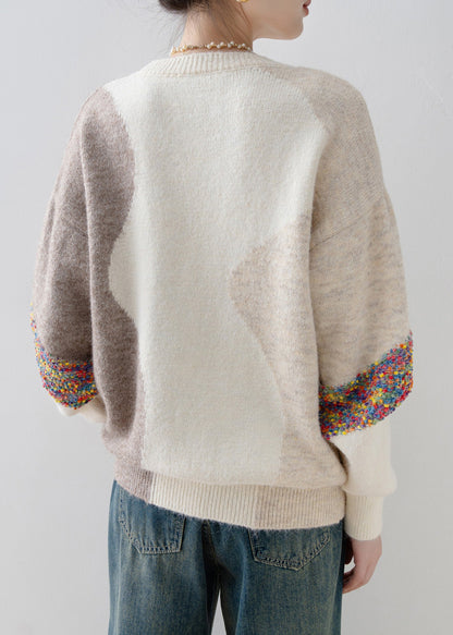 White O Neck Sequins Patchwork Knit Sweaters Spring