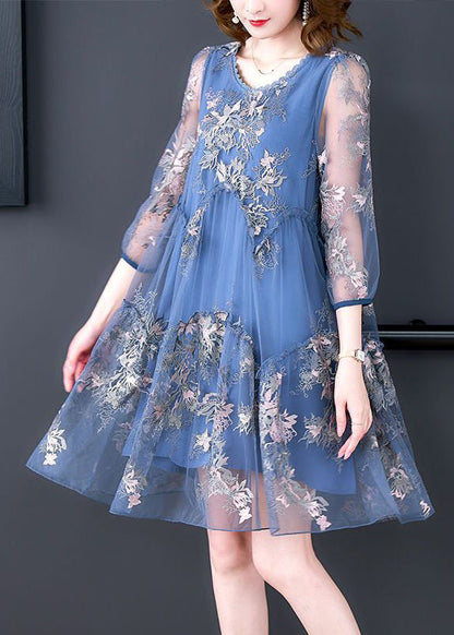 Blue Embroideried Patchwork Ruffled Tulle a Line Dress Summer