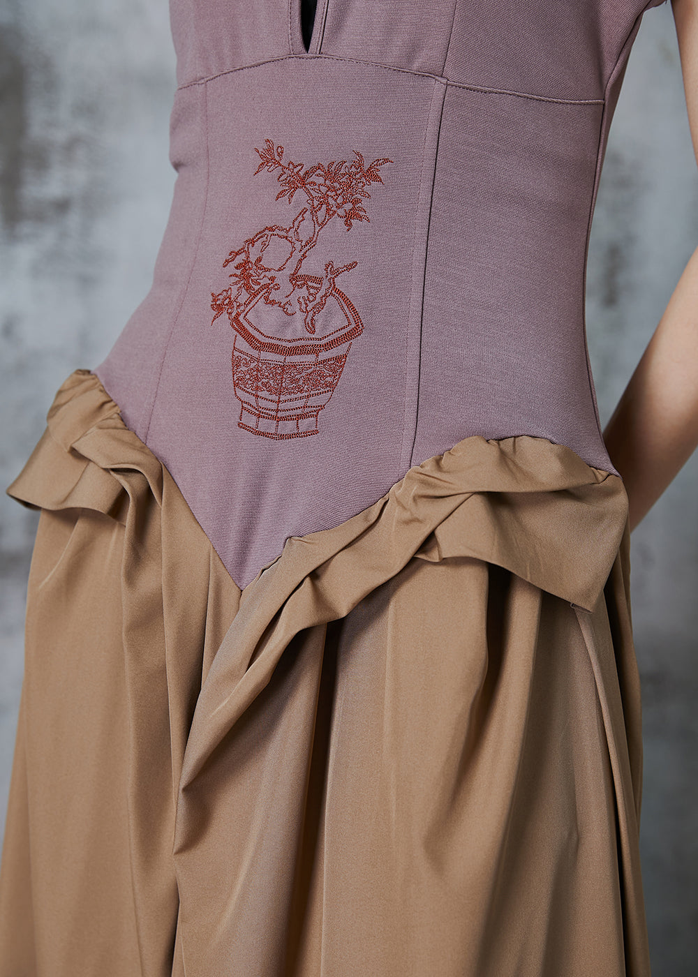Original Design Brown Embroidered Patchwork Cotton Spaghetti Strap Dress Summer