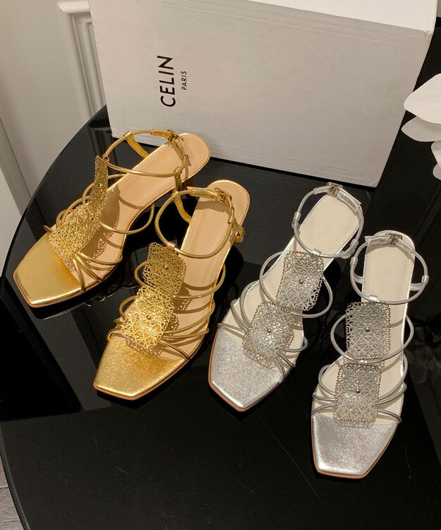 Gold Sandals High Heel Faux Leather Splicing Peep Toe
