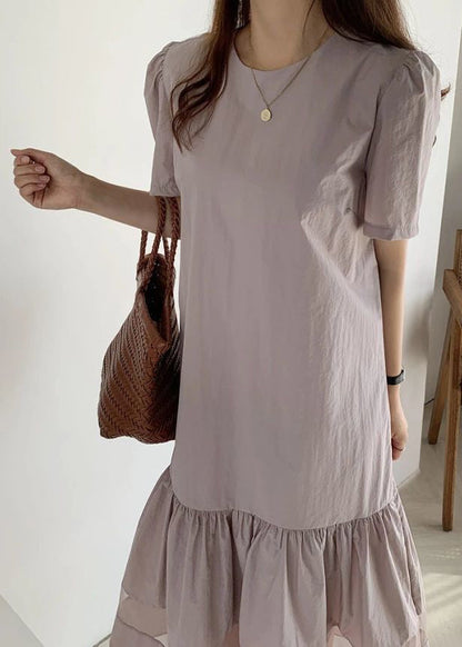 Fitted Light Purple O-neck Patchwork Wrinkled Cotton Long Dresses Summer