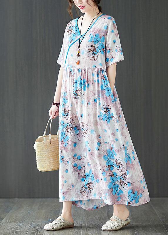 Blue Loose Patchwork Pockets Summer Vacation Dress Short Sleeve