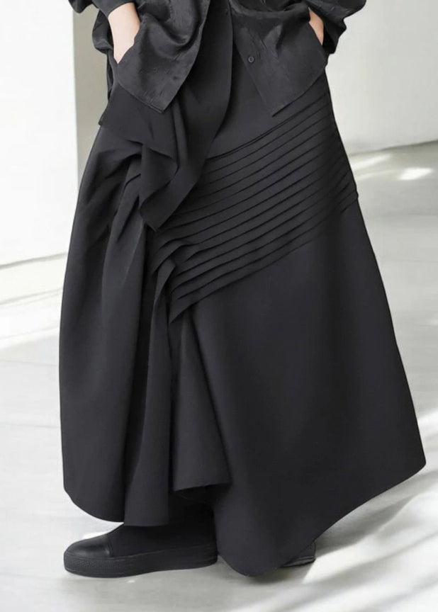 Black Asymmetrical Wrinkled Cotton Skirt Fall