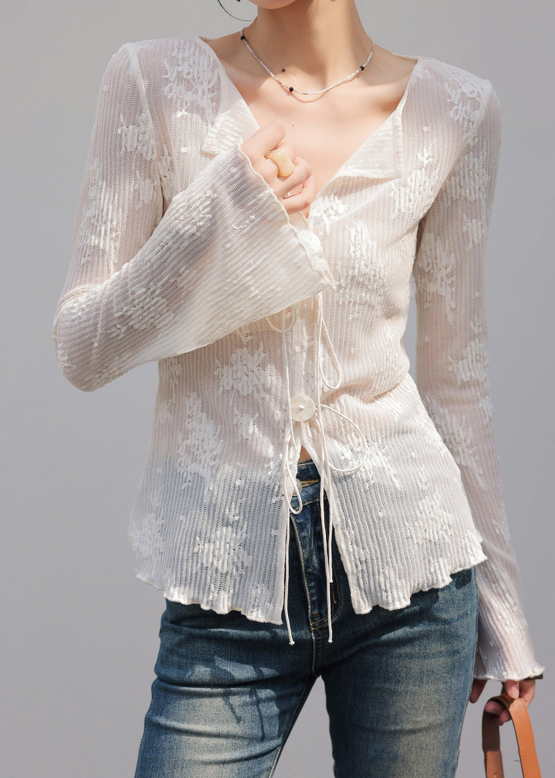 French White V Neck Embroidered Spandex Top Spring