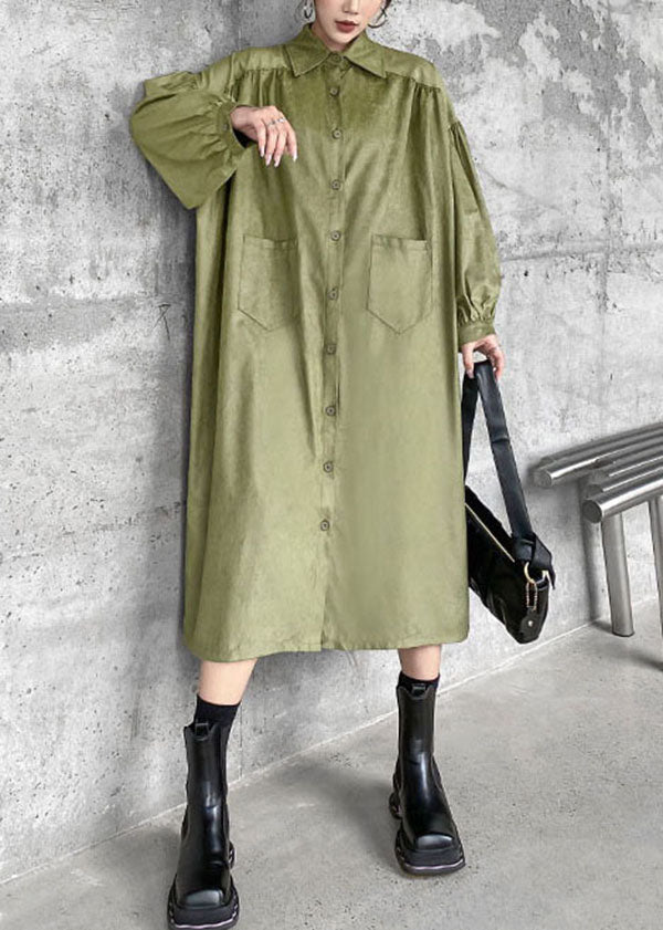 Green Peter Pan Collar Patchwork Cotton Shirt Dress Spring