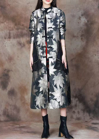 Italian Black Print Pockets Patchwork Silk Cotton Long Coats Fall