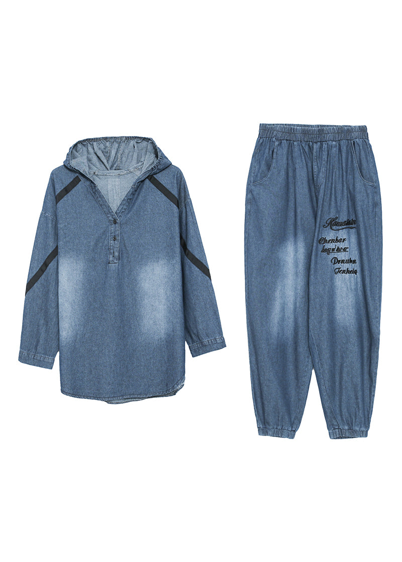 Blue Embroideried Cotton Hooded Coats and Pants Two Pieces Set Fall