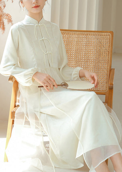 White Chinese Button Silm Fit Silk Dress Fall