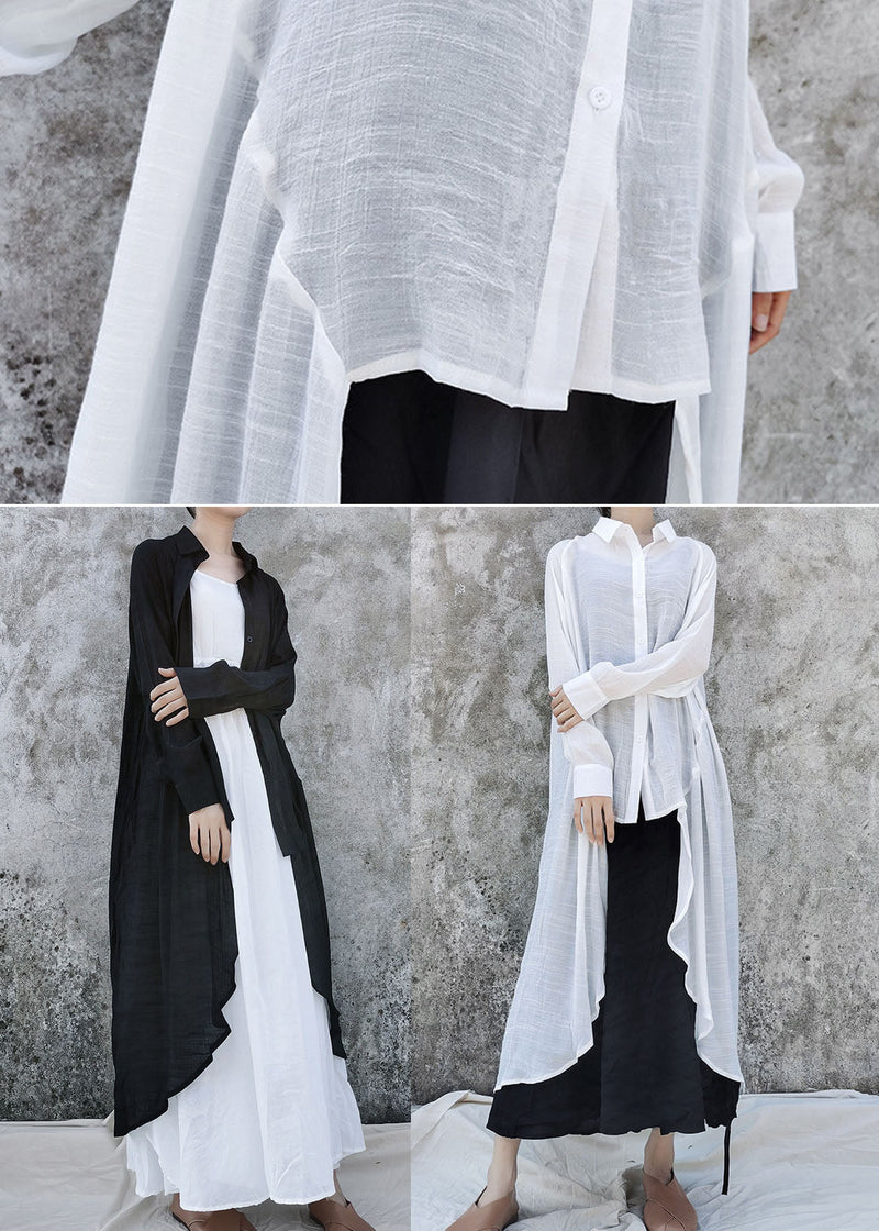 Loose Black Low High Design Peter Pan Collar Linen Tops Long Sleeve Fall