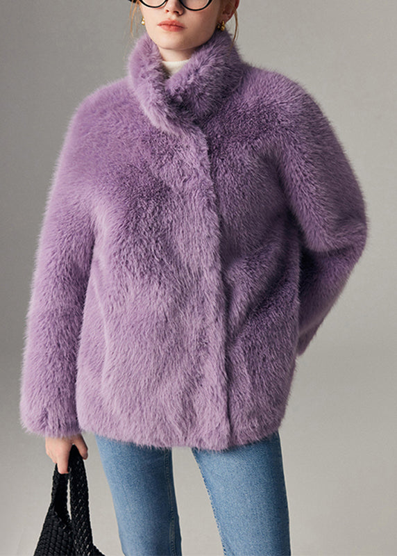 Purple Stand Collar Leather and Fur Coats Winter