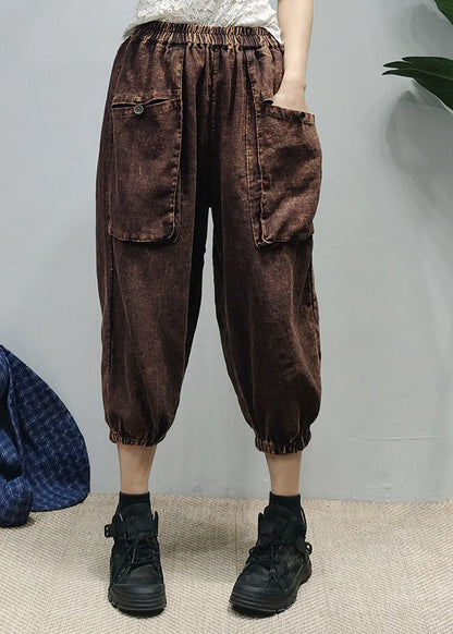 Loose Black Elastic Waist Pockets Linen Pants Spring