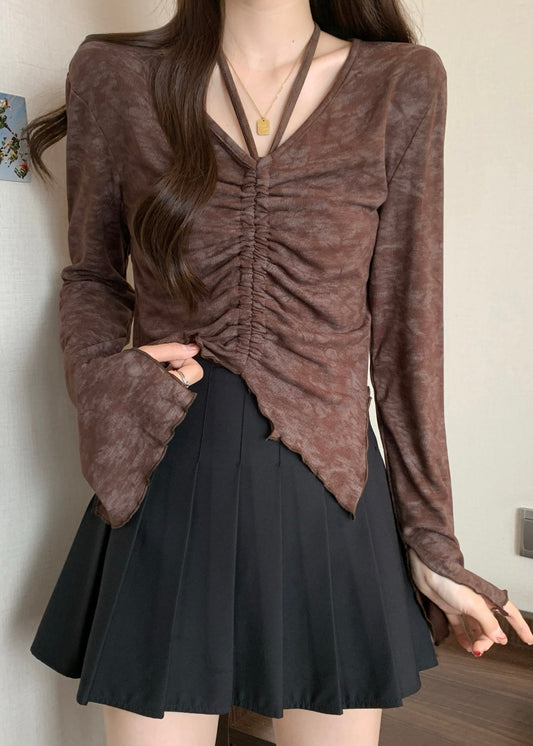 French Brown Cinched Tie Dye Cotton Shirt Fall