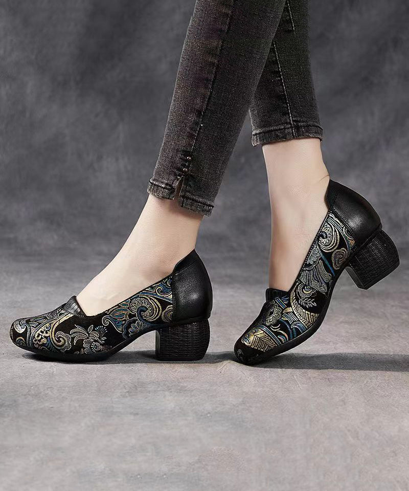 New Retro Green Embossed Chunky Heels