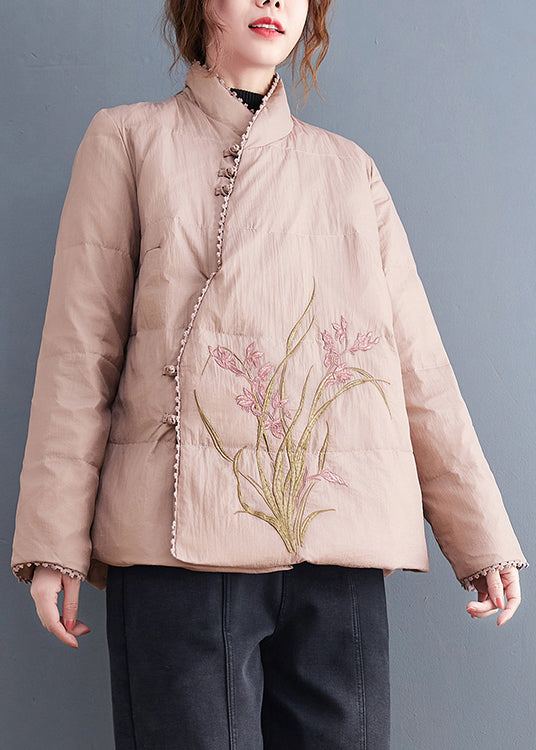 Pink Stand Collar Embroideried Fine Cotton Filled Jackets Winter