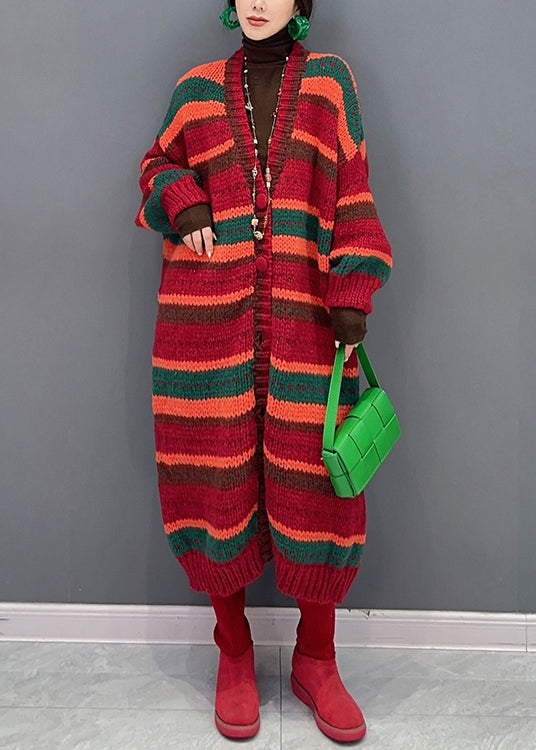Red Striped V Neck Button Patchwork Knit Coat Fall