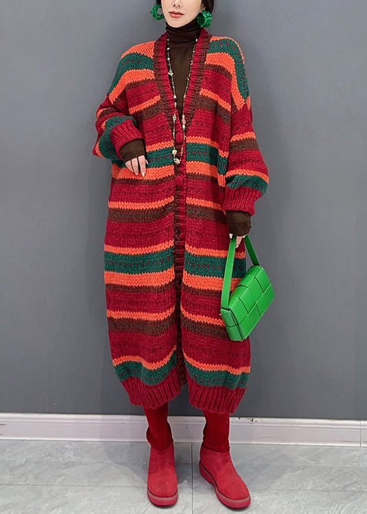 Red Striped V Neck Button Patchwork Knit Coat Fall